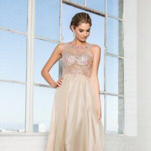 NEW LONG SLEEVELESS A-LINE CHIFFON GOWN WITH CREW NECKLINE AND SHEER BACK GL2093